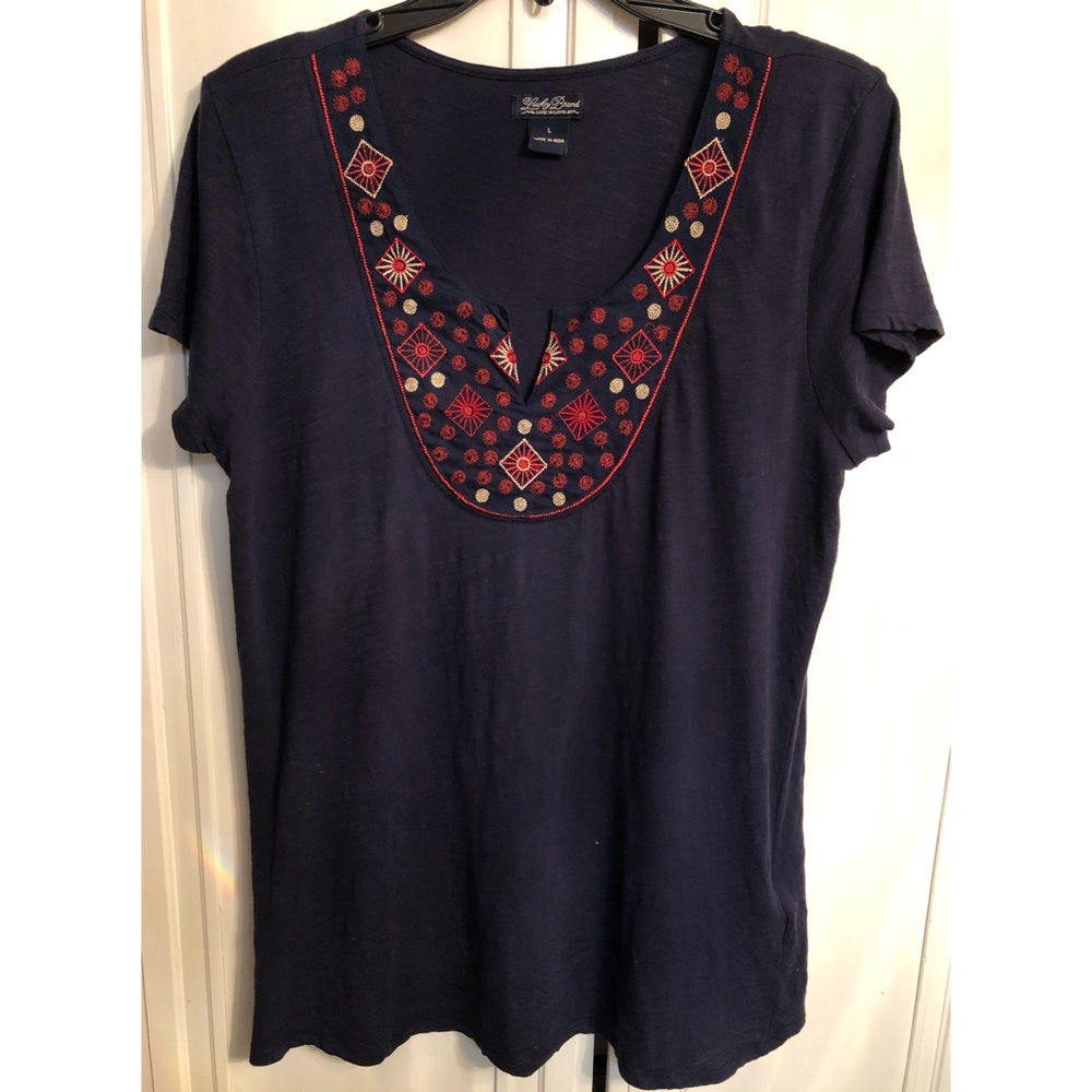 Lucky brand embroidered navy blue knit top size L